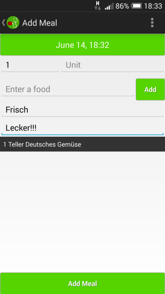 Add Meal screen containing an ingredient, preparation, and comment