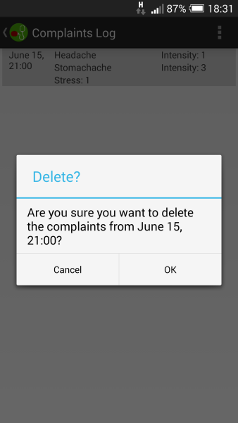 Confirmation dialog for deleting a complaints entry